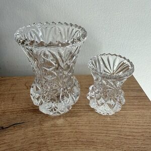 VTG Mini Cut Glass Bud Vase Starburst Diamond Crystal Tiny Flower Vases Set Of 2